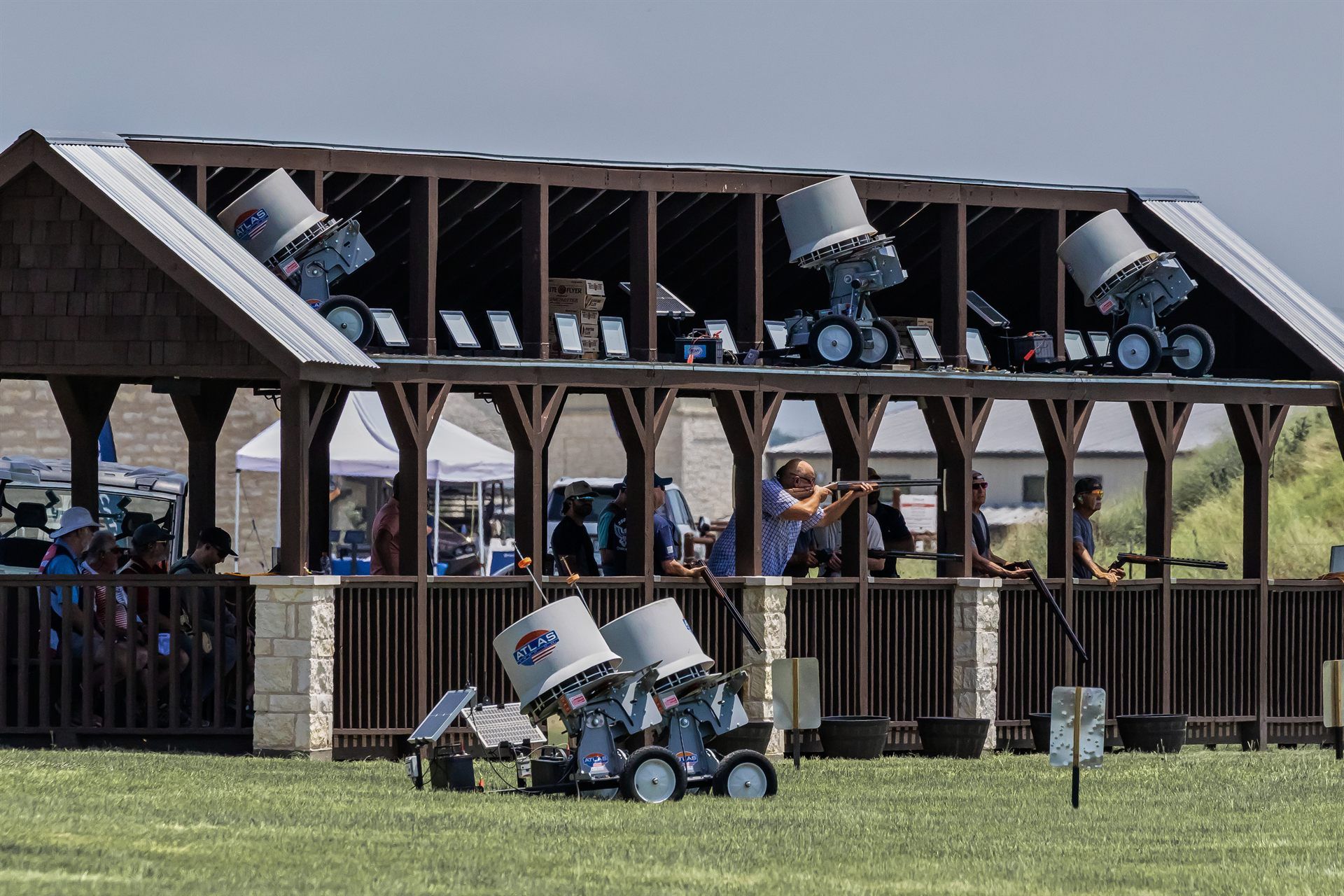 The covered Meadows five-stand at Staccato Ranch Texas, with automatic traps set along the front of the stand.